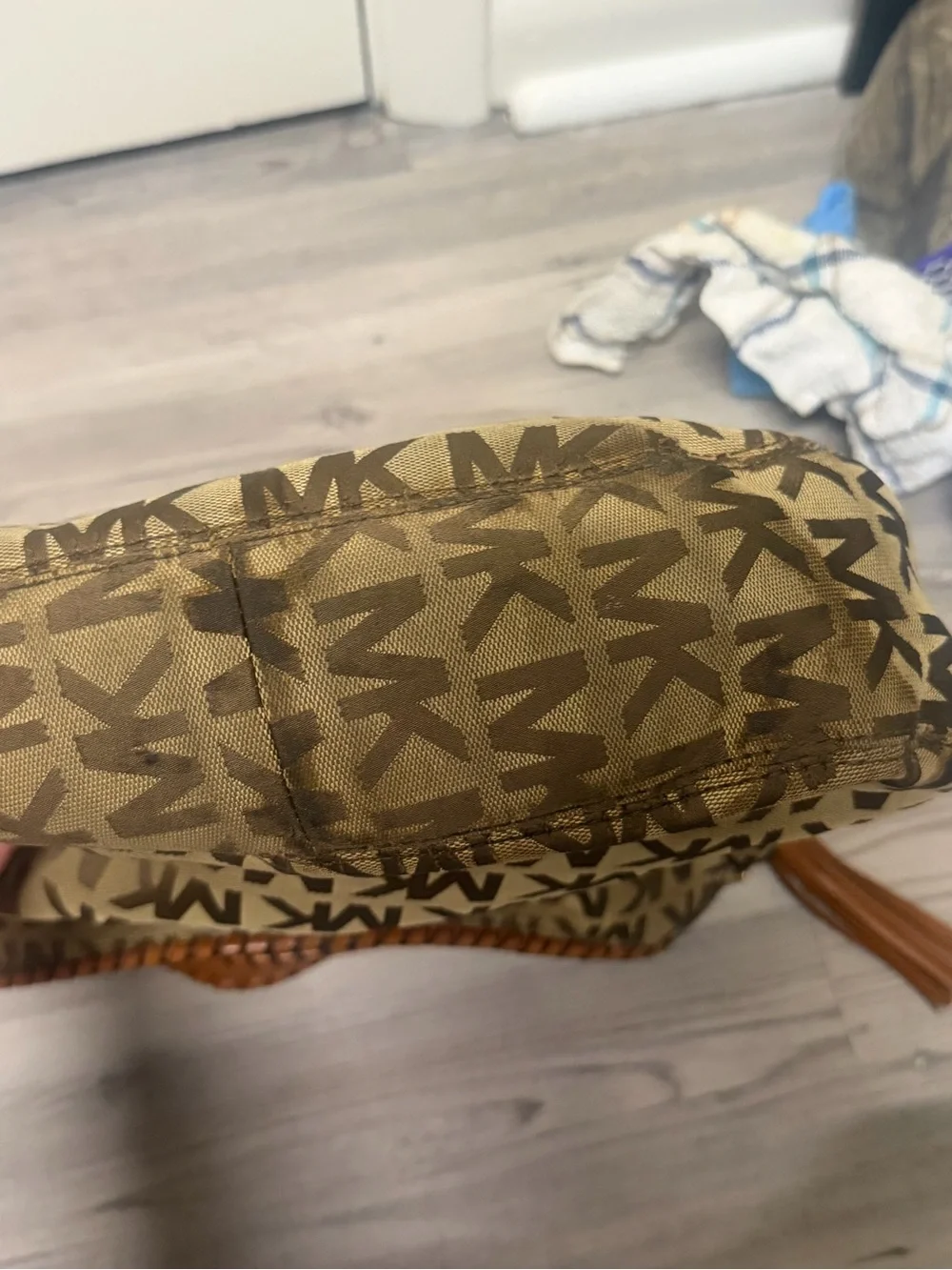 Michael Kors Beige and Brown Signature MK Hobo Bag with Gold Charm